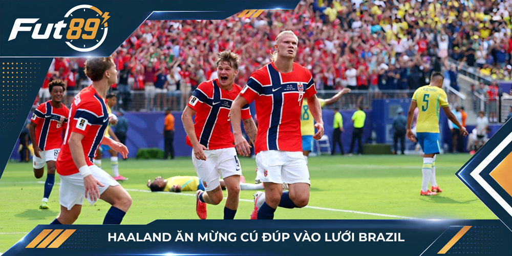Haaland ăn mừng cú đúp vào lưới Brazil