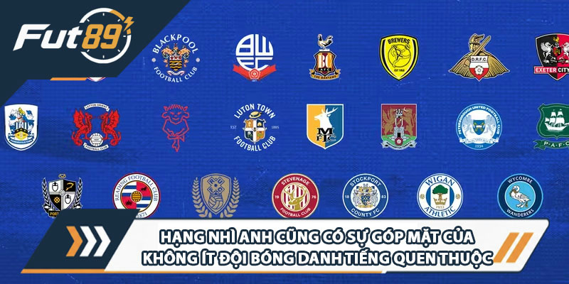 Hạng Nhì Anh cũng có sự góp mặt của không ít đội bóng danh tiếng quen thuộc
